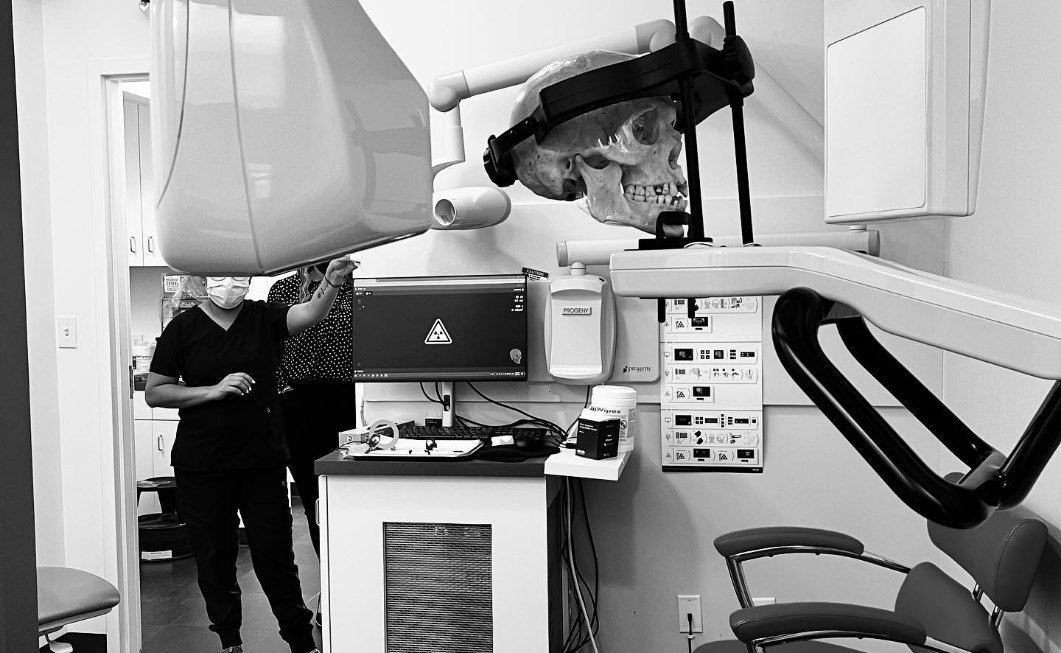 Model of skull in dental scanning device